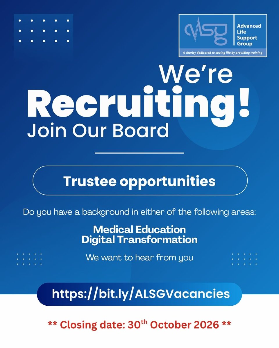 _ALSG_'s tweet photo. We're seeking two new ALSG Trustees to join our Board. If you have a background in Medical Education or Digital Transformation, this is an exciting opportunity to help drive innovation &amp; improve patient outcomes through healthcare education. For more info: https://t.co/r9XI7BE61b https://t.co/a8g1bPo57z