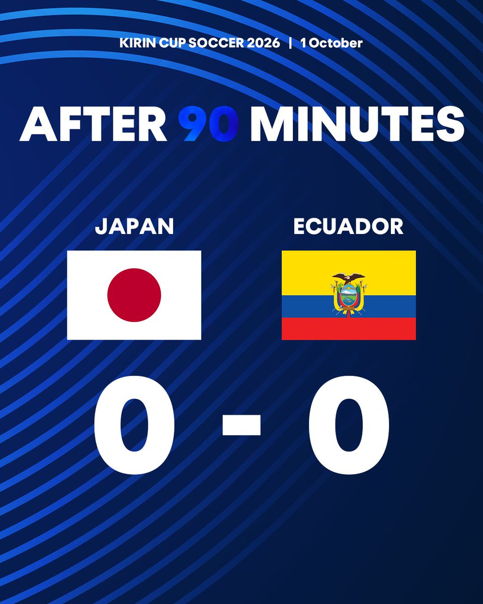 J_League's tweet photo. ✔ 後半終了
🏆 キリンカップサッカー2026
🆚 日本代表 vs エクアドル代表
🔢 0-0

試合速報はこちら⏬
https://t.co/1jTBszean8

#サッカー日本代表
#Ｊリーグ https://t.co/5G9f8O1Sfg