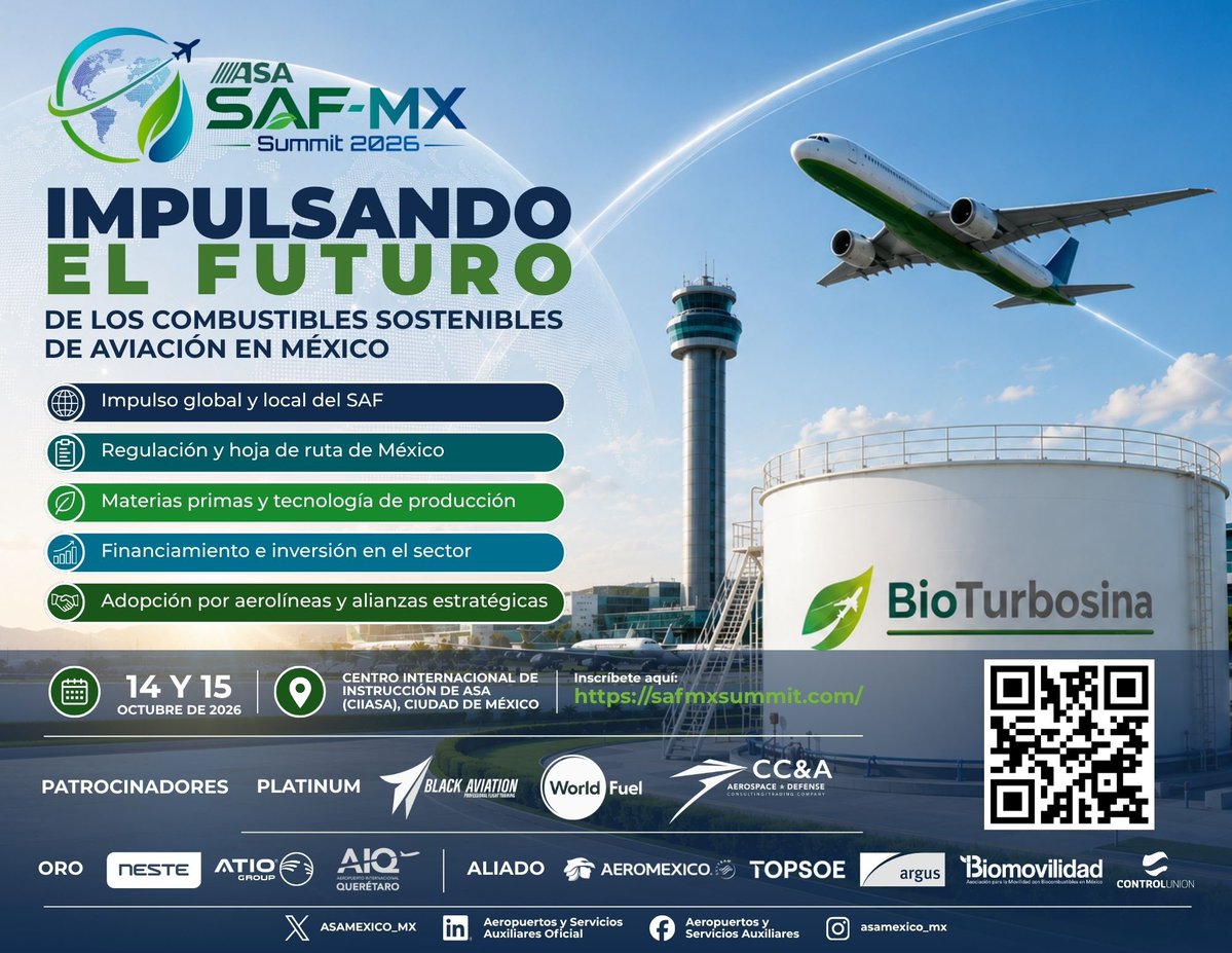ASAMexico_mx's tweet photo. En #ASA nos enorgullece reunir a líderes mundiales para acelerar la descarbonización global. El futuro del planeta depende de la aviación verde; vívelo en el ASA SAF-MX Summit 2026.  

#ASASAFMXSummit2026 #OrgulloASA #BioTurbosina #AviaciónSostenible #FuturoVerde https://t.co/TmwDopVm3b