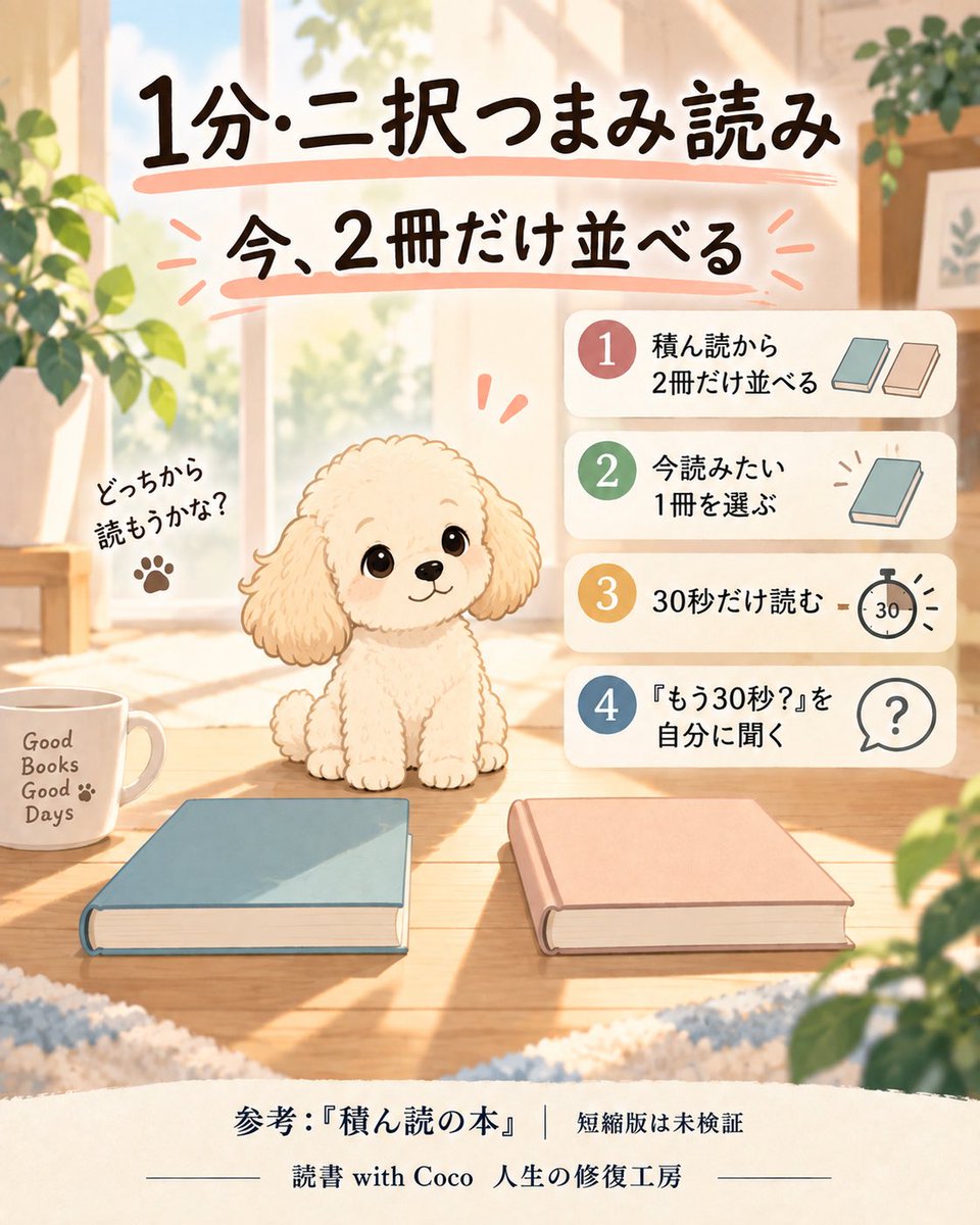 read_with_coco's tweet photo. 夜、本は読みたい。でも「どれにしよう」で止まってしまう。

そんな日は1分だけ。
積ん読から2冊を並べる→1冊選ぶ→30秒読む。

最後に「もう30秒？」と自分に聞く。

『積ん読の本』×選択過多研究から作ったオリジナルワーク。短縮版自体は未検証です。

今、2冊だけ並べてみる🐾
読書with Coco https://t.co/klfuGGq0a6