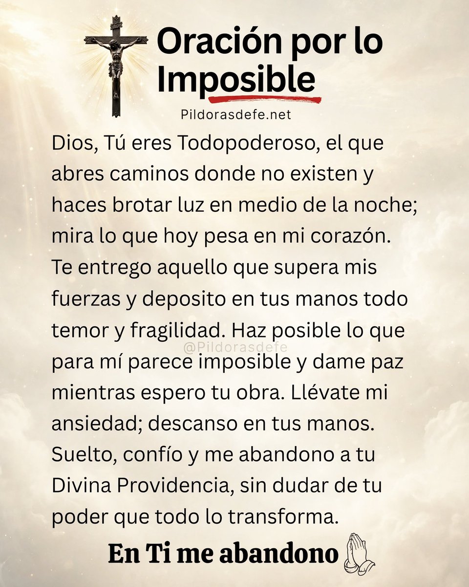 Pildorasdefe's tweet photo. ¿Qué imposible te está quitando la paz hoy?

Dios no se asusta con lo que para ti parece cerrado o que piensas que ya está acabado; Él abre caminos donde todo parece terminar y hace brotar luz en medio de la noche.

Él mira lo que hoy pesa en tu corazón y sabe lo que necesitas, y en el justo momento en que lo necesitas.

Entregarle lo que supera tus fuerzas es poner en sus manos el temor y la ansiedad.

Mientras esperas su obra, Él te sostiene, lleva tu ansiedad y te enseña a soltar, confiar y descansar en su cuidado de la Divina Providencia que todo lo transforma.

Si hoy hay algo que parece imposible en tu vida, ¿te gustaría dejarlo aquí para ponerlo en oración y abandonarlo en sus manos?

Divina Providencia, no me sueltes.

🙌