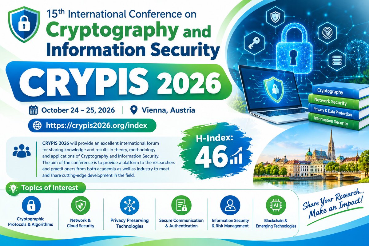 ijwestjournal's tweet photo. Call for Research Papers!
15th International Conference on Cryptography and Information Security (CRYPIS 2026)
October 24 ~ 25, 2026, Vienna, Austria
https://t.co/0d22Oj8FPl
Contact Us: crypis@crypis2026.org
Submission System: https://t.co/a3SAzVJZ5x
#cryptography #cryptology https://t.co/TYsjbwLpPw