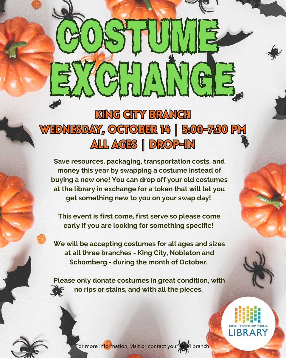 KingLibraries's tweet photo. 🎃👻 Ready for a new Halloween look? Swap, don't shop! Drop off gently used costumes at any branch during October.

Costumes are available on a first-come, first-served basis, so come early for the best selection! ♻️🎭

#Halloween #CostumeExchange #KingLibraries https://t.co/IIqqWKZUe2