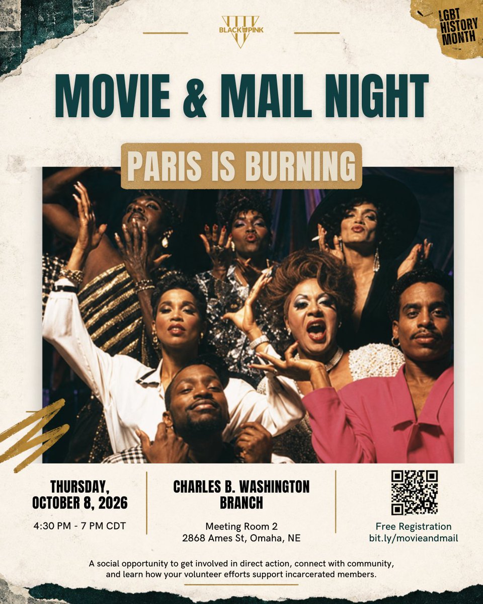 BLACKandPINKorg's tweet photo. Movie &amp; Mail Night is back Oct. 8 with Paris Is Burning. Join us in Omaha to watch the film, connect with community, and write to our people inside. 
Free and open to the public, 4:30 to 7 PM CDT.
Register: https://t.co/tG7t7NToYu
#blackandpink #parisisburning #movieandmailnight https://t.co/OQftDmGgFG