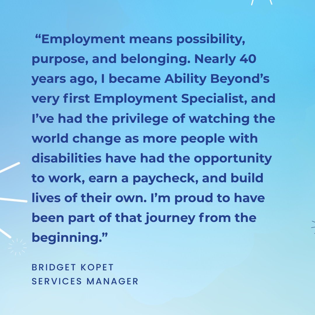 AbilityBeyond's tweet photo. As we celebrate #NDEAM, we're proud to spotlight Bridget Kopet, Ability Beyond's very first Employment Specialist nearly 40 years ago.
Thank you, Bridget, for helping people discover their value and talent!
#CelebratingValueAndTalent https://t.co/rR1riMnk5N
