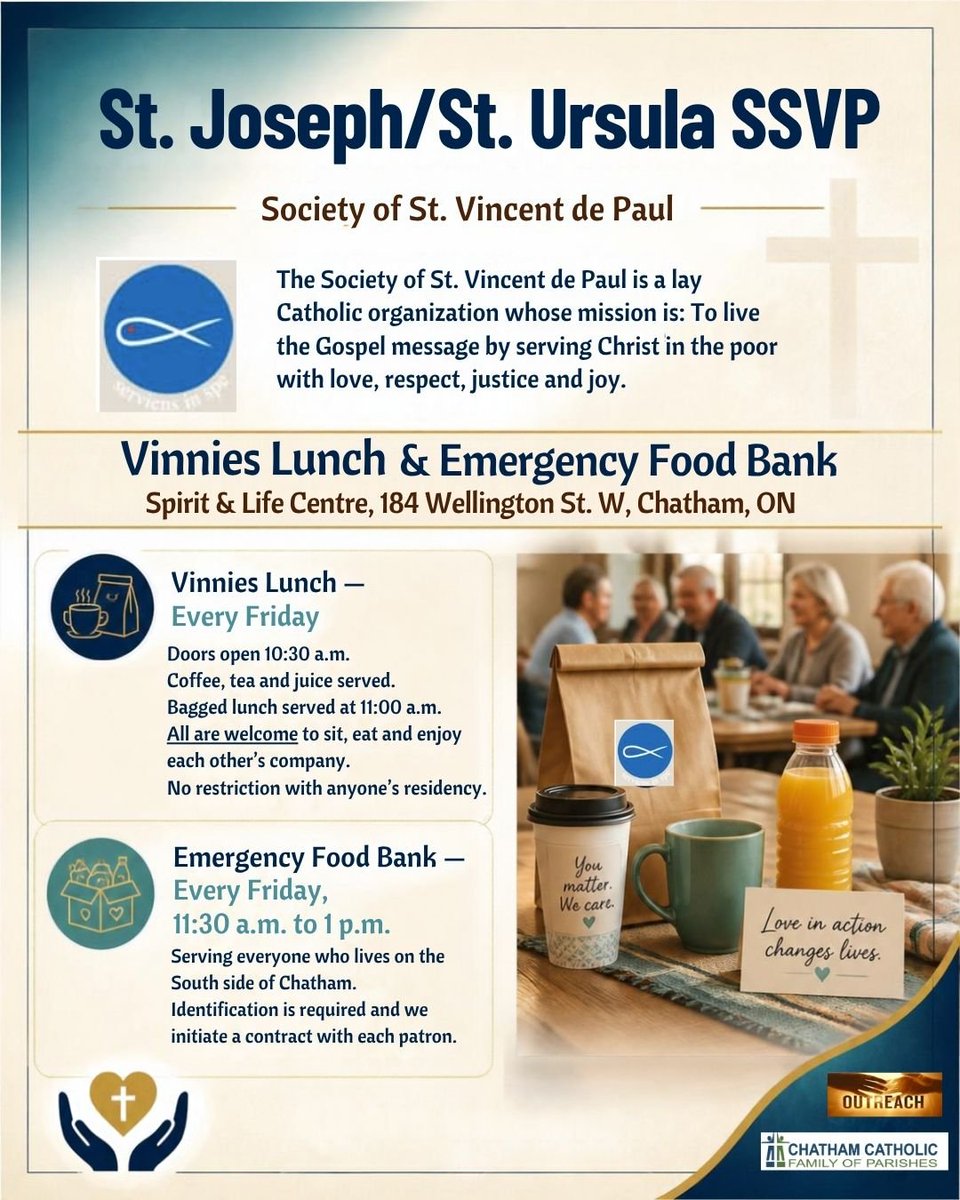 ChathamCatholic's tweet photo. St. Joseph/St. Ursula SSVP - Vinnies Lunch and Emergency Food Bank occurs every Friday at the Spirit &amp; Life Centre at 184 Wellington St. W, Chatham, ON. https://t.co/eoXx20dUtv