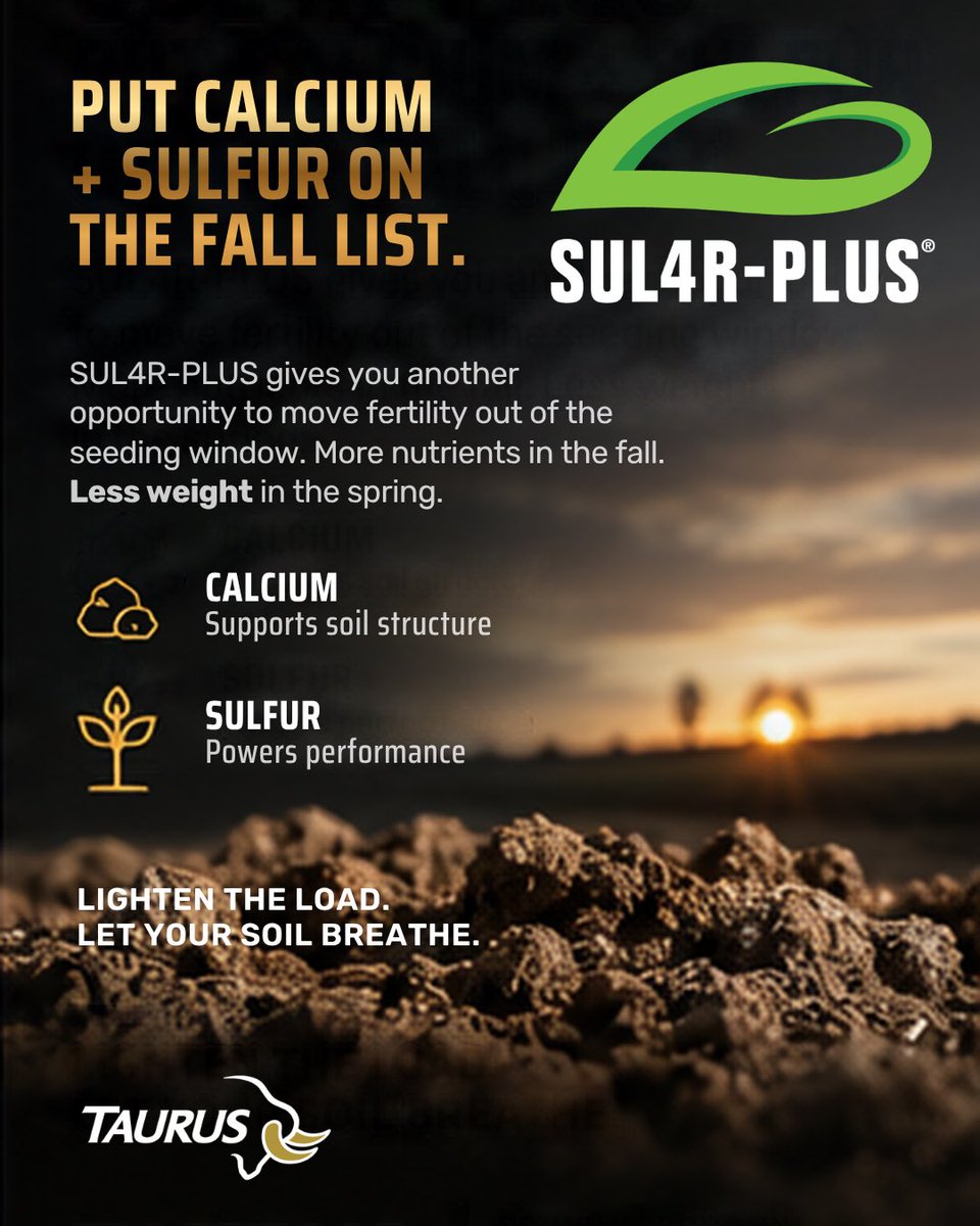 TaurusAgTeam's tweet photo. Ca²⁺ can help flocculate clay particles and support soil aggregation.

SUL4R-PLUS® supplies 21% Ca + 17% S, with fulvic acid and lignosulfonate in the granule.

Move Ca + S to fall. Lighten the spring load. #Agronomy #SoilHealth https://t.co/uaV5GQN7va