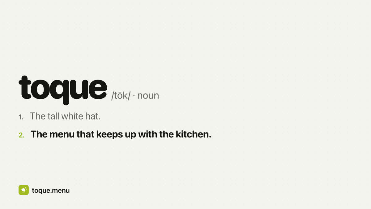 ToqueMenu's tweet photo. toque (n.) the tall white hat. Also: the menu that keeps up with the kitchen.

https://t.co/bT1ZtVdJL2 https://t.co/3bPCXnGQp6