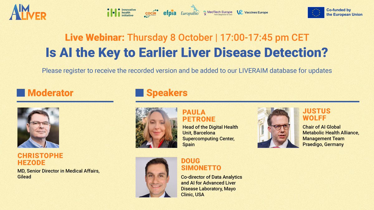 LiverAim's tweet photo. ⏳ Just 1 week to go!    

🤖 Can AI help detect #liverdisease earlier?   

Join our #LIVERAIM webinar to explore how AI-supported screening can move from innovation to clinical practice.  
📅 8 Oct | 17:00–17:45 CET 
🔗 Register: https://t.co/yRNpVtk2SG

@IHIEurope @EASLedu https://t.co/DmJhZBTTmn