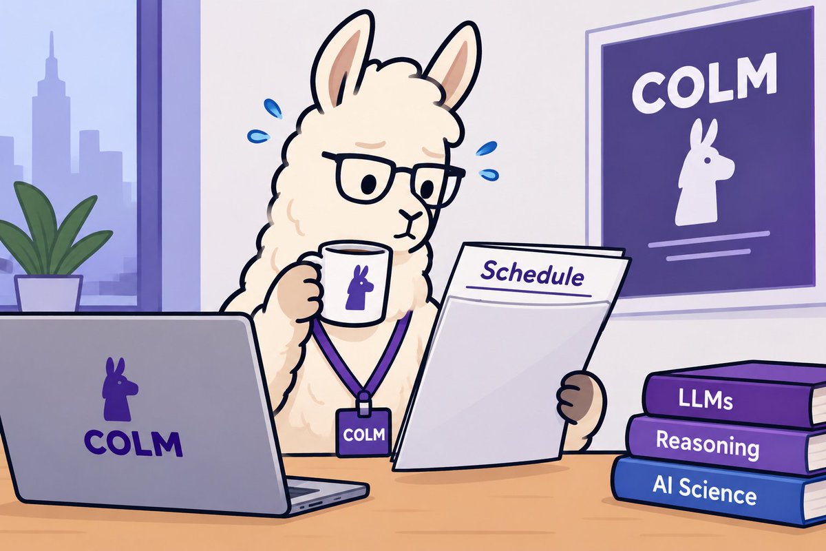 COLM_conf's tweet photo. Coming to COLM next week? The schedule is live at
https://t.co/qrlHVZdayp
5 invited talks, a panel discussion, 24 orals, and 856 posters await! This llama will need plenty of coffee to see all that... https://t.co/EchLhYtYjQ