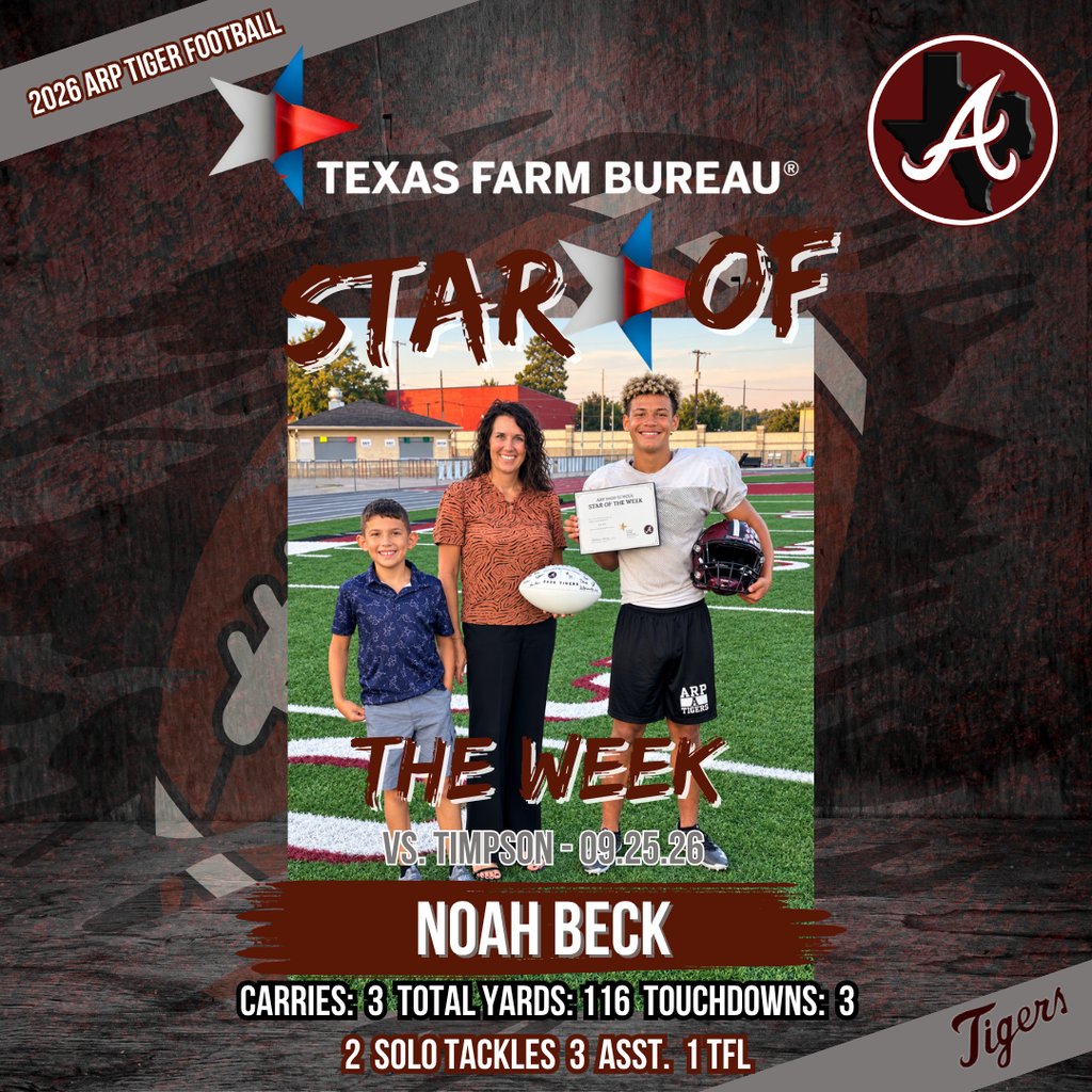 ArpISD's tweet photo. HE'S ELECTRIC: Arp H.S. junior RB/DB Noah Beck has become an explosive playmaker for 🐅🏈. That's why he's our Texas Farm Bureau Star Of The Week.
Big thanks to Melissa Busby & Texas Farm Bureau for helping us recognize our student-athletes.
#TPND #EATT #bEASTtexas #txhsfb https://t.co/3ncMdIhDiy