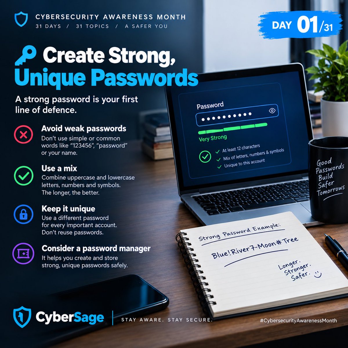 Cyber_Yems's tweet photo. Day 1/31 Create Strong, Unique Passwords

Your password is your first line of defense. Make it long, unique, and difficult to guess, and avoid using the same password across multiple accounts.

Stay aware. Stay secure. 🛡️

#CybersecurityAwarenessMonth #CyberSage @ireteeh https://t.co/piBzuldrdD
