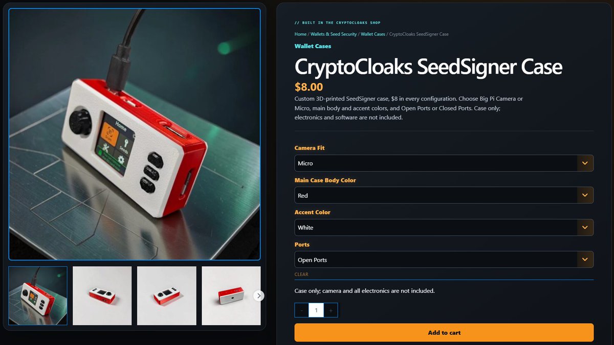 CryptoCloaks's tweet photo. Our new built from the ground up SeedSigner case is now live on the shop!

Options for every build and endless color combos.

$8 Customize yours
https://t.co/s8nMfsRfYp https://t.co/BZnIX3KUc6