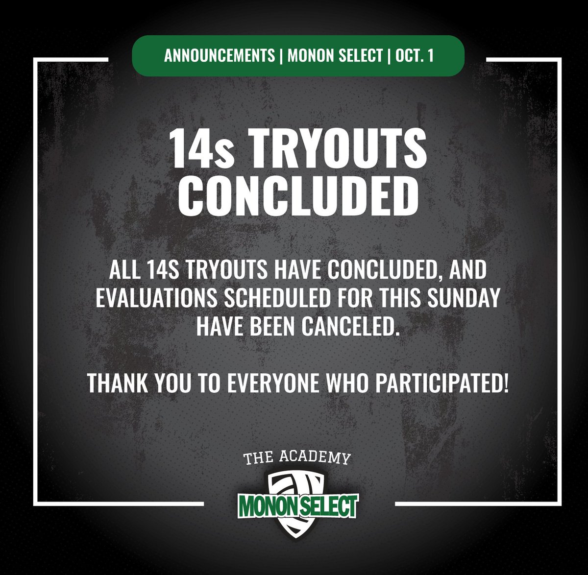 mononselectvb's tweet photo. Monon Select Fall Tryouts Update!

All 14s tryouts have concluded, and evaluations scheduled for this Sunday have been canceled. Thank you to everyone who participated!

Monon Select Cadets Registration: https://t.co/vuxSzhgpHU https://t.co/UZfGL2NMYA