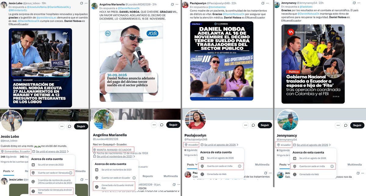 alfredovelazco's tweet photo. Nueva campaña a favor de @DanielNoboaOK es tendencia en Venezuela, usan cuentas anómalas conectadas en ese y varios países, con piezas impostoras y reales de medios; en contexto de adelanto de pago extra y bonos cc @cazamosfakenews @MelanioBar @ProBoxVE https://t.co/TFIyezPT0M