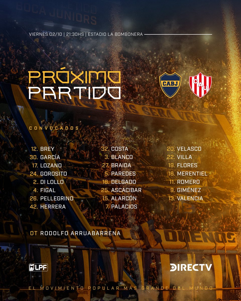 BocaJrsOficial's tweet photo. 🔜 ¡𝗣𝗥𝗢́𝗫𝗜𝗠𝗢 𝗣𝗔𝗥𝗧𝗜𝗗𝗢!

⚽ #Clausura2026 
🆚 Unión 
🗓 Viernes 02/10
🕙 21:30
🏟 La Bombonera
💻 @ElCanaldeBoca 

#DaleBoca 🔵🟡🔵 https://t.co/ritJJG1QG5