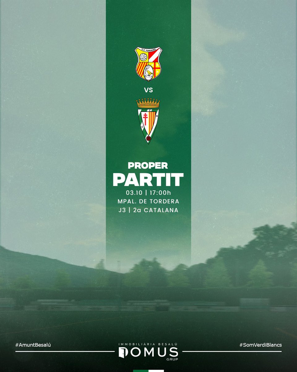 CEBesalu's tweet photo. PROPER PARTIT⚽️

🗣️ Segon desplaçament seguit on intentarem tornar a sumar! 

🆚 @CFTordera 
🗓️ 03 d’Octubre - 17:00h 
🏟️ Mpal. de Tordera
🏆 J3 - 2a Catalana 

#AmuntBesalú💚 #SomVerdiBlancs https://t.co/AOaJQRGzPp