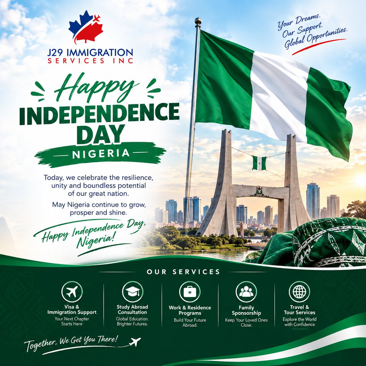 j29immigration's tweet photo. π³π¬ Happy Independence Day, Nigeria! ππ€π
Celebrating our resilience, unity, and endless possibilities. Hereβs to a brighter Nigeria and bigger dreams! π³π¬β¨
#HappyIndependenceDay #NigeriaAt66 #J29Immigration #ProudlyNigerian #Nigeria #IndependenceDay #Naija #GreenWhiteGreen https://t.co/luZoLnQ10C