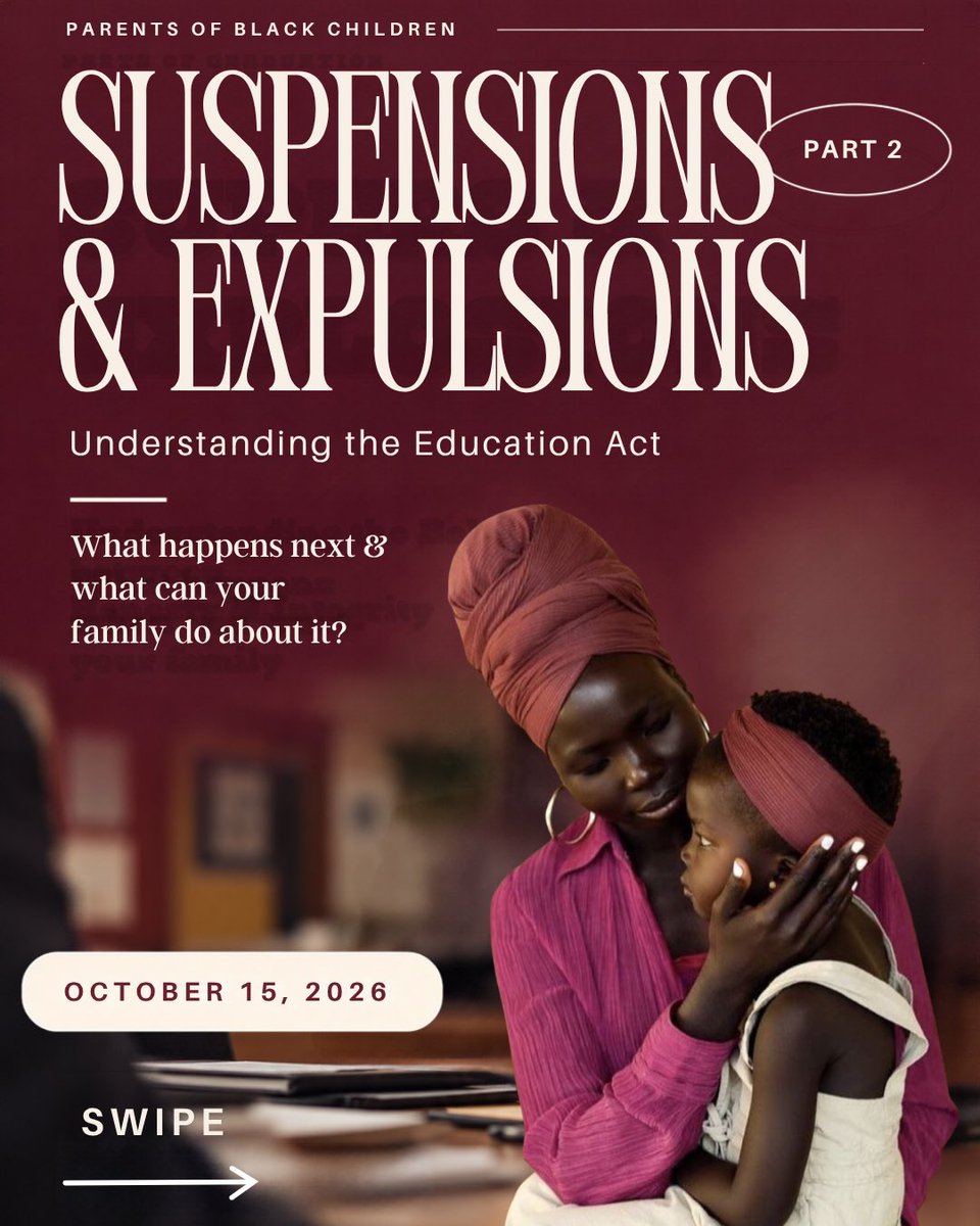 PoBCAdvocate's tweet photo. A suspension or expulsion—what comes next? Join us virtually on October 15 for Part 2 to learn about the process, appeal options and your family’s rights. ✊🏾

https://t.co/mUf9msvRGc

#ParentsOfBlackChildren #KnowYourRights #BlackFamilies #EducationAdvocacy https://t.co/0PzYzzVTwT