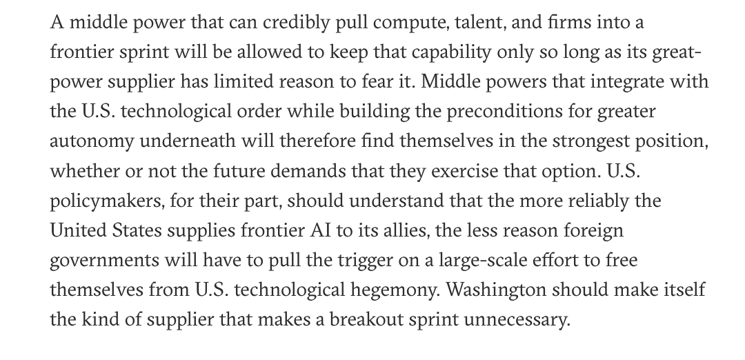 SamWinterLevy's tweet photo. Most countries can't afford to build frontier AI today but don't want to depend entirely on the US without a fallback. In a new @CarnegieEndow paper, @anton_d_leicht and I argue for a middle path: an AI "breakout posture." Move forward with US interdependence now, but lay the groundwork to build frontier systems later—onshoring compute, retaining pre-training talent, and setting up the legal and corporate vehicles for a sprint if they're ever cut off.