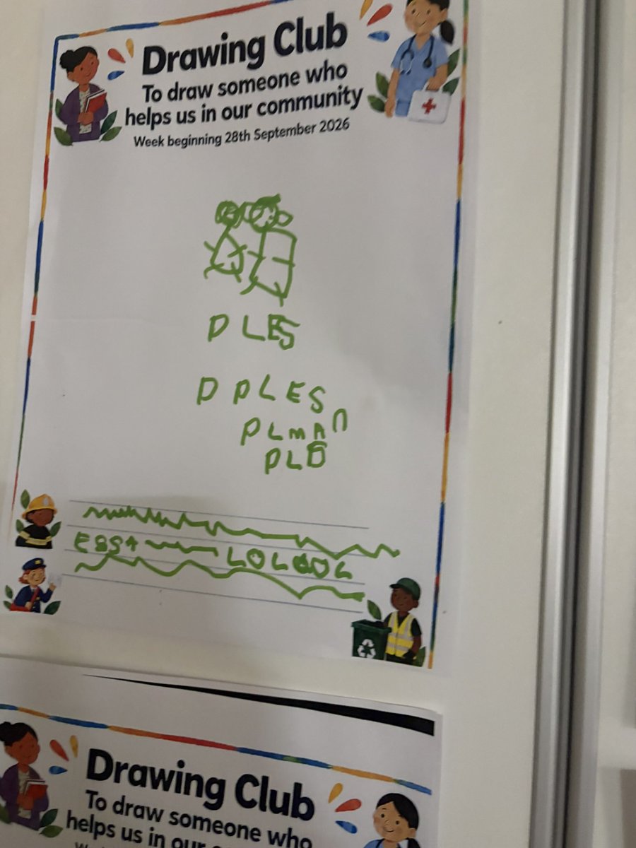 MrsGriffiths7's tweet photo. Drawing Club ✏️🏡
Inspired by Hey, Wall, we’ve been exploring our community this week and the people who help us in Longsight. Look at these wonderful drawings and early writing from our little storytellers! 💛
#DrawingClub #EYFS #PeopleWhoHelpUs #OurCommunity https://t.co/kIVhrQ98cT