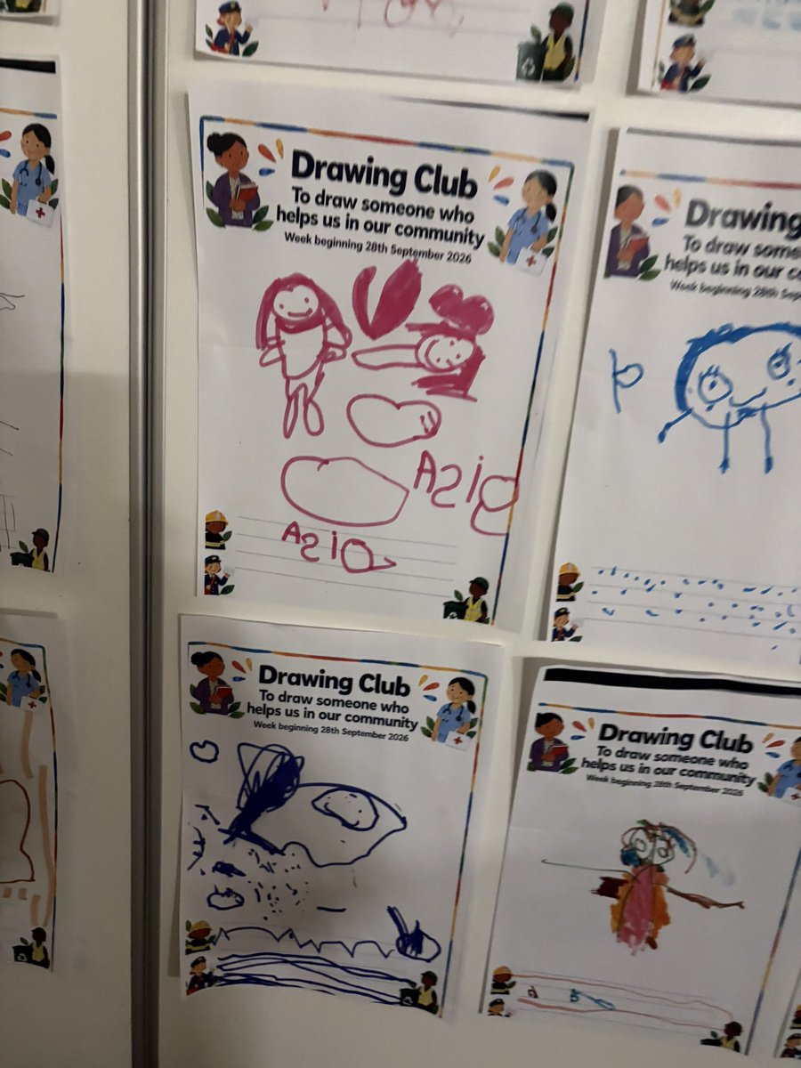 MrsGriffiths7's tweet photo. Drawing Club ✏️🏡
Inspired by Hey, Wall, we’ve been exploring our community this week and the people who help us in Longsight. Look at these wonderful drawings and early writing from our little storytellers! 💛
#DrawingClub #EYFS #PeopleWhoHelpUs #OurCommunity https://t.co/kIVhrQ98cT