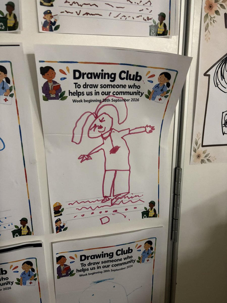 MrsGriffiths7's tweet photo. Drawing Club ✏️🏡
Inspired by Hey, Wall, we’ve been exploring our community this week and the people who help us in Longsight. Look at these wonderful drawings and early writing from our little storytellers! 💛
#DrawingClub #EYFS #PeopleWhoHelpUs #OurCommunity https://t.co/kIVhrQ98cT