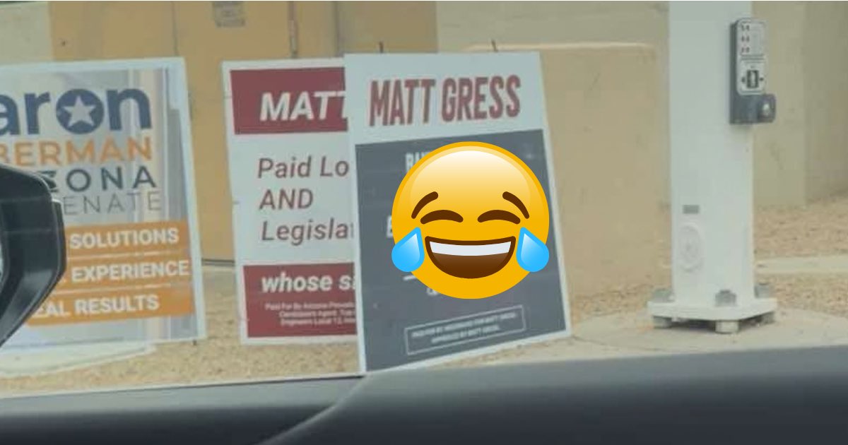 KelliButlerAZ's tweet photo. Matt Gress has a whole lot of new signs in #LD4. Many are installed to purposely block the signs letting voters know he’s a Paid Lobbyist. 

Sign wars are silly. But bigger picture: Matt Gress REALLY does not want voters to know he’s a PAID LOBBYIST who is getting paid to do his employer’s bidding.

Thanks to everyone who’s sent me photos of Gress’ devious sign placements all over the district. Scroll through a few here….