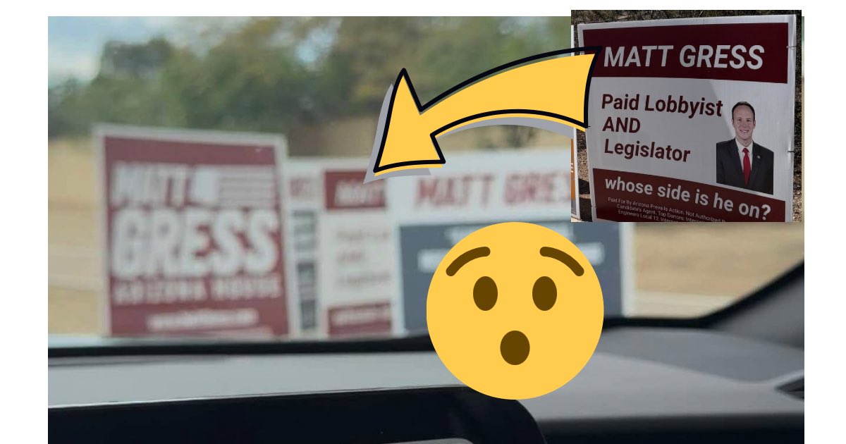 KelliButlerAZ's tweet photo. Matt Gress has a whole lot of new signs in #LD4. Many are installed to purposely block the signs letting voters know he’s a Paid Lobbyist. 

Sign wars are silly. But bigger picture: Matt Gress REALLY does not want voters to know he’s a PAID LOBBYIST who is getting paid to do his employer’s bidding.

Thanks to everyone who’s sent me photos of Gress’ devious sign placements all over the district. Scroll through a few here….