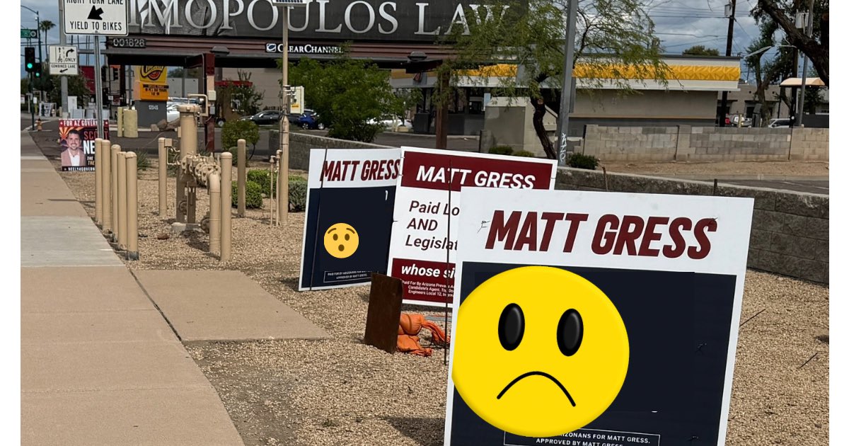 KelliButlerAZ's tweet photo. Matt Gress has a whole lot of new signs in #LD4. Many are installed to purposely block the signs letting voters know he’s a Paid Lobbyist. 

Sign wars are silly. But bigger picture: Matt Gress REALLY does not want voters to know he’s a PAID LOBBYIST who is getting paid to do his employer’s bidding.

Thanks to everyone who’s sent me photos of Gress’ devious sign placements all over the district. Scroll through a few here….