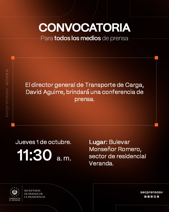 SecPrensaSV's tweet photo. Hoy, el director general de Transporte de Carga, David Aguirre (@DavidAguirreSV), brindará una conferencia de prensa. https://t.co/pMJucnRDxa