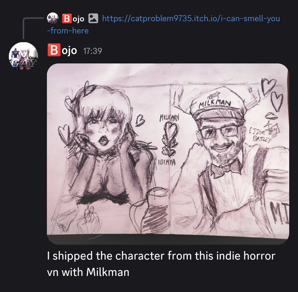 LJJoeBailey's tweet photo. Very scuffed fanart of Idimya with our group mascot Milkman, if anyone hasn't played "I can smell you from here" on https://t.co/kQYBHjBDoj I would highly recommend that you give it a try. Milkman unfortunately doesn't know about red flags 😔 https://t.co/JnUeasaNcm