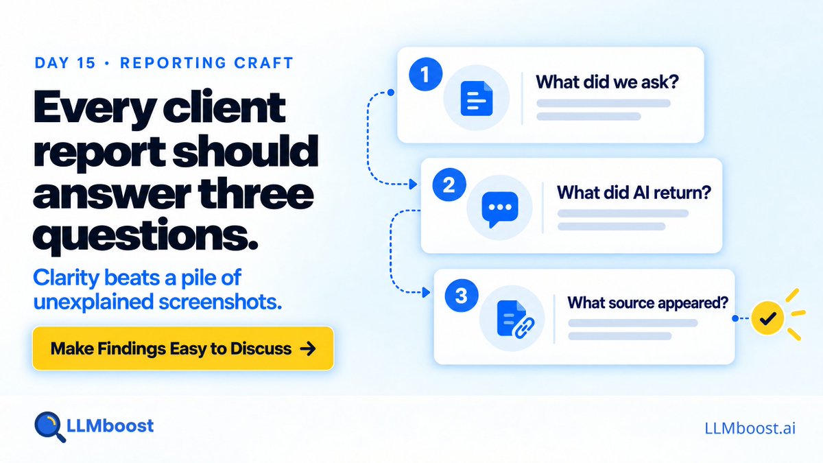 LLMboost's tweet photo. A client-ready AI visibility report should answer three things:

1. What did we ask?
2. What did AI return?
3. What source appeared?

Clarity beats a pile of unexplained screenshots.

#ClientReporting #AIVisibility https://t.co/uzTh6stmbK