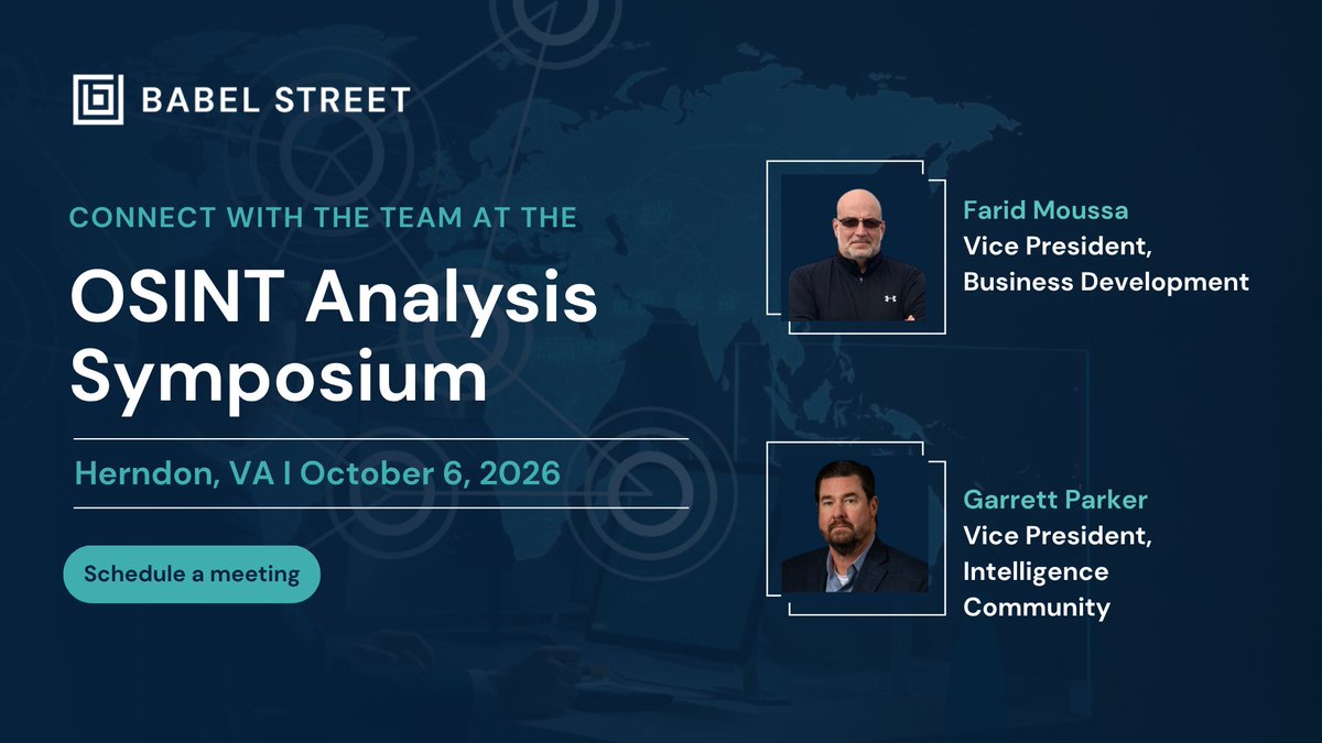 BabelKnowledge's tweet photo. Babel Street is attending the OSINT Analysis Symposium on Oct. 6 in Herndon, VA.

See how AI-powered risk intelligence helps analysts uncover hidden connections, identify threats, and turn open-source data into actionable intelligence.

Stop by to learn how teams are finding critical insights faster: https://t.co/ehHnbj5ggR