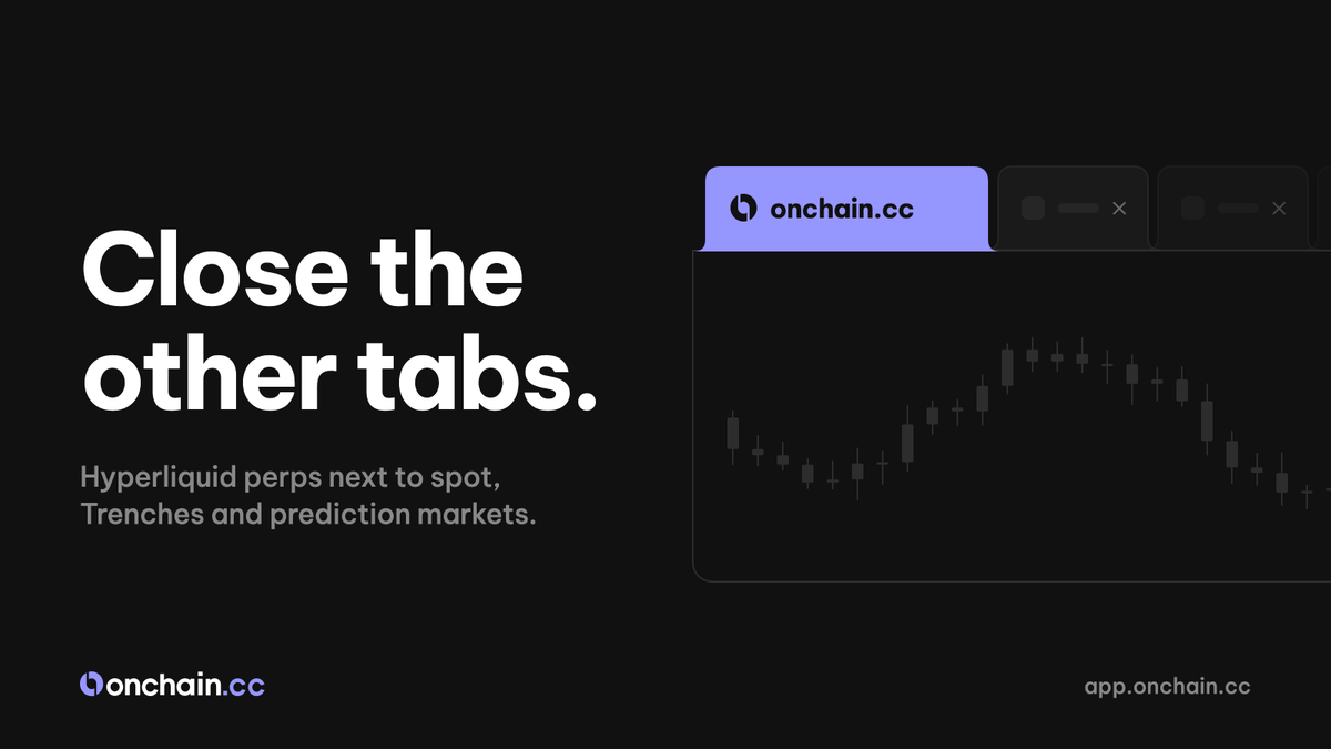 Onchaincc's tweet photo. perps exchange in one tab. launch terminal in another. two more for charts.

onchain․cc runs hyperliquid perps in the same terminal as spot, trenches and prediction markets. https://t.co/H4qfnDt91r