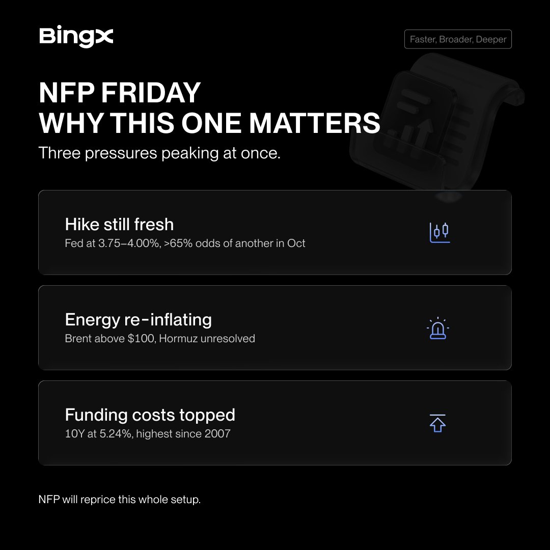 IAcrypt's tweet photo. NFP report is coming out soon, don't get rely. 
All eyes on Friday's U.S. NFP report. 👁️
Forecast sits at ~84K jobs (down from 162K), with 10Y yields near 5.24% and market odds split on another Fed rate hike.
📉 Weaker NFP: Labor slowdown → rate hike pressure eases
📈 Stronger NFP: Fed stays tight → yields & USD gain
Watch how $BTC reacts to the macro volatility on BingX.
📊 Trade BTC/USDT: https://t.co/Zg1ePZnVv5
#NFP #BTC #Fed #MacroTrading