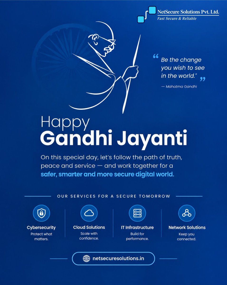 NetscureS's tweet photo. 🇮🇳 Happy Gandhi Jayanti!

“Be the change you wish to see in the world.” — Mahatma Gandhi

Let’s build a safer, smarter &amp; more secure digital world. 🔐🌐

NetSecure Solutions — IT Infrastructure, Cybersecurity, Cloud &amp; Network Solutions.

🌐 https://t.co/9IBt2WaIks

#GandhiJayanti https://t.co/kSz3btTokQ