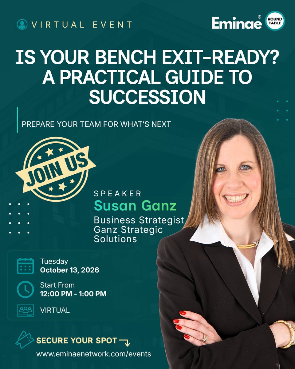 eminaenetwork's tweet photo. Is your leadership team ready for what comes after you?
Join our EMINAE Virtual Roundtable with Susan Ganz: βIs Your Bench Exit-Ready? A Practical Guide to Succession.β
π
Oct. 13 | 12 PM ET | Virtual
Register: https://t.co/2eiHF3iLB5
#SuccessionPlanning #EminaeNetwork https://t.co/GjdGK4JI2p