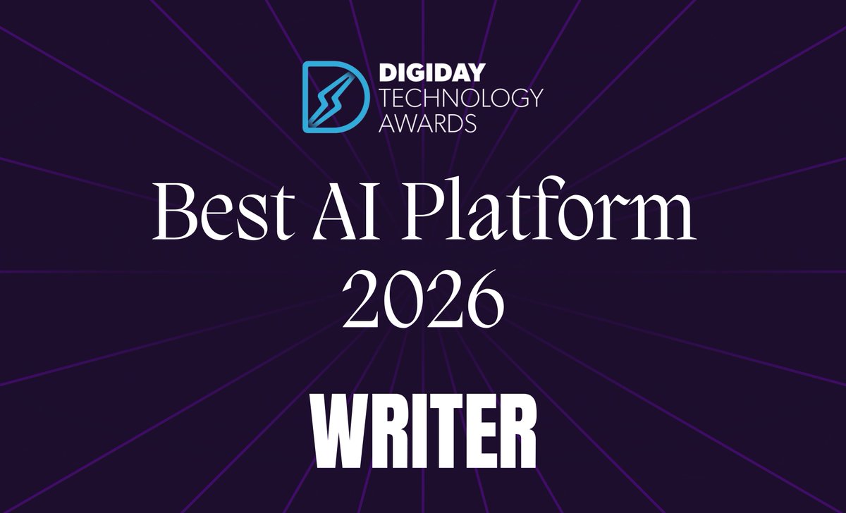 Get_Writer's tweet photo. WRITER has been named the Best AI Platform at the 2026 @Digiday Technology Awards! 🏆

Generic AI creates generic companies. Most tools know nothing about your brand, your rules, or your team's hard-won decisions. They're built for individuals, so what one person knows rarely carries across the team.

But no customer meets just one person. They move through dozens of teams and touchpoints. Winning depends on everyone moving together on the same shared foundation.

We built WRITER for that reality. Our agents plan, execute, and scale multi-step work across the whole customer journey. Brand and compliance are built in. Context carries across sessions and teams. Supervision is granular at every step.

Our work with @Qualcomm brings this win to life. Qualcomm's marketers protect more than 1,200 trademarks, their brand portfolio and their IP across 12+ product launches a quarter, meaning legal and brand compliance is an essential workflow.

With WRITER, they’re able to tackle their biggest bottleneck head-on, reinforcing brand and legal rules at generation so compliance is baked in from the start. And because brand guidelines live inside every output, every handoff (from brief to creative to content) is already on-brand. That means Qualcomm marketers can speed up and scale entire processes while taking on more work from start to finish themselves. Together, we’re setting a new standard for brand excellence.

Thank you to Digiday for the recognition and to Qualcomm for showing what agentic marketing looks like in practice. ❤️