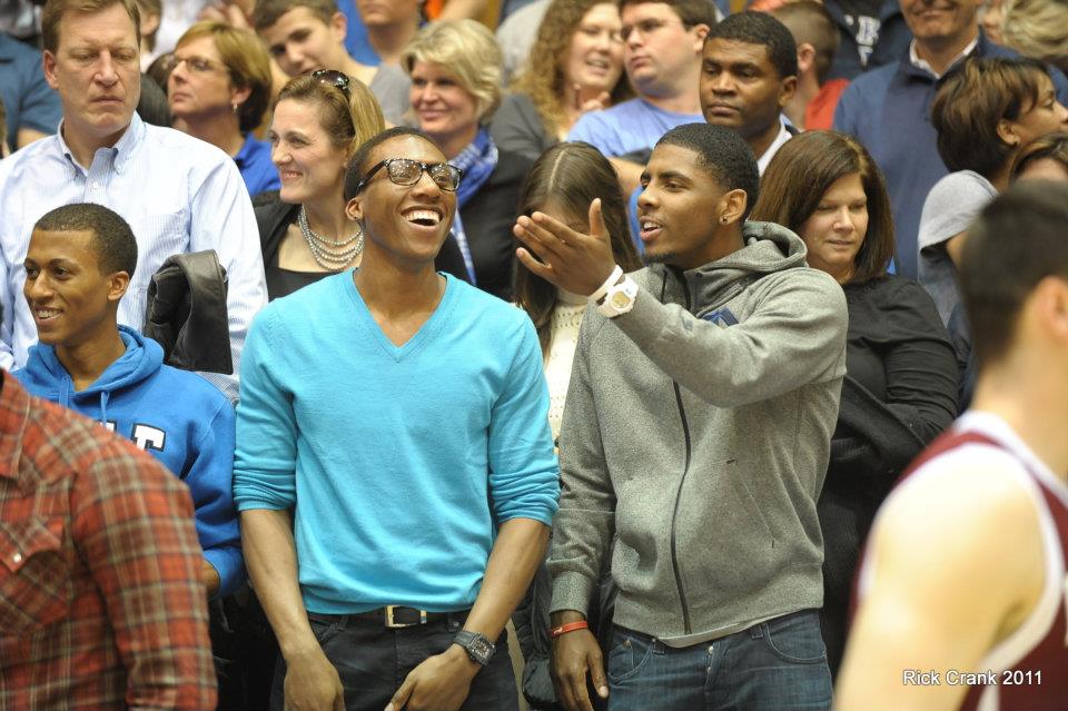 BlueDevilNation's tweet photo. #ThrowbackThursday I dug into the BDN archives for this shot of Nolan Smith and Kyrie Irving behind the bench during a Duke game in Cameron. https://t.co/WtuU8ceydS
