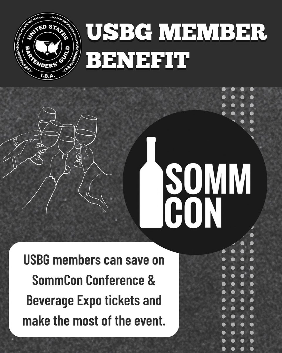 TheUSBG's tweet photo. 🍾 New Member Benefit Alert! 🍾

Active USBG members can save on SommCon Conference &amp; Beverage Expo tix.

Submit the form here: https://t.co/oitrxmSsdd.

Not an active USBG member? Join now: https://t.co/f0eJsJjDCf

#usbg #bartenders #SommCon https://t.co/nLFkm80Fjq