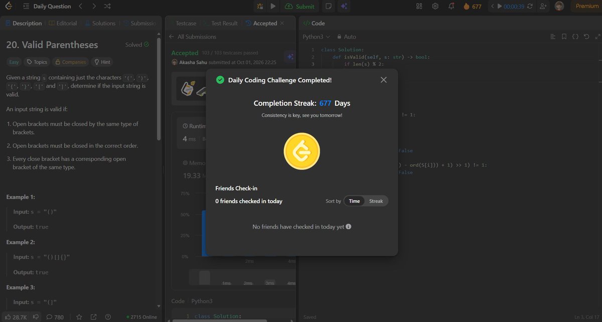 akashasahu07's tweet photo. Day - 677
Solved a stack problem today ⚡
Used a stack to match opening and closing brackets while maintaining the correct order.
#1000DaysOfCode #LeetCode #DSA #Python #Stack https://t.co/0RiDYhEAXY