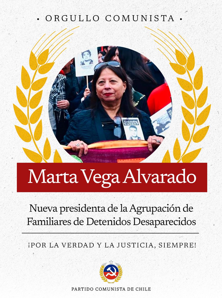 PCdeChile's tweet photo. Desde el Partido Comunista saludamos a Marta Vega Alvarado, quien asume como nueva presidenta de la Agrupación de Familiares de Detenidos Desaparecidos.

Le deseamos mucho éxito en esta responsabilidad y valoramos  su compromiso con la búsqueda de verdad, justicia, memoria y reparación.
