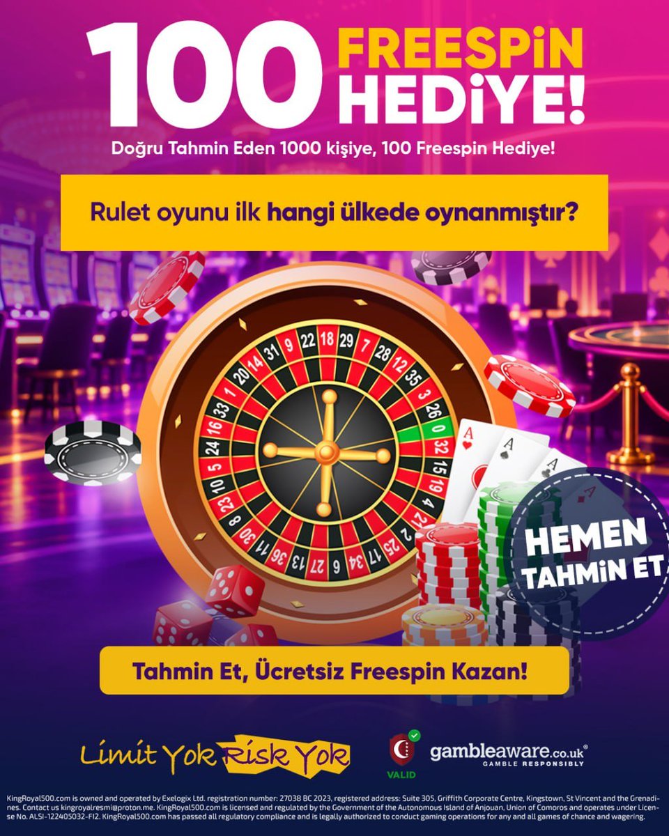 KRoyal_TR's tweet photo. TAHMİNİNİ YAP, CEVABINI VER!

Rulet oyunu ilk hangi ülkede oynandı?
Doğru tahmin eden 1.000 kişiye #Kingroyal'den 100 Freespin hediye!
Cevabını ver, hediyeni yakala!

Güncel giriş profilde! https://t.co/Vn2a7H8cvi