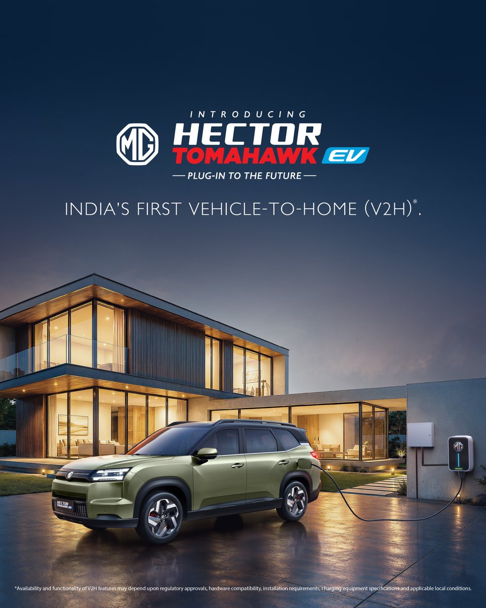 MGMotorIn's tweet photo. India’s First Vehicle-to-Home (V2H)*. Because the power of an EV shouldn’t stop at the road.

With the MG Hector Tomahawk EV, stored battery energy can be used to power your home when needed, bringing a whole new dimension to what an electric SUV can do.

*T&C Apply

#MGHectorTomahawkEV #PlugInToTheFuture #MGMotorIndia #MorrisGaragesIndia