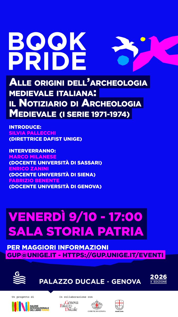 UniGenova's tweet photo. 📚 Genova University Press torna a #BookPride Genova.
📅 9-11 ottobre
📍 Palazzo Ducale
📖 Stand C54
Tre incontri tra archeologia, storia dell'arte e letteratura, più opportunità dedicate alla comunità #UniGe.
👉 https://t.co/t2cjHSEXbQ https://t.co/91RJOPkGbj