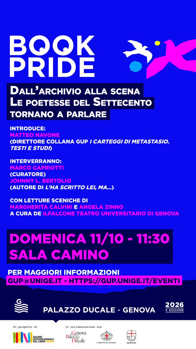 UniGenova's tweet photo. 📚 Genova University Press torna a #BookPride Genova.
📅 9-11 ottobre
📍 Palazzo Ducale
📖 Stand C54
Tre incontri tra archeologia, storia dell'arte e letteratura, più opportunità dedicate alla comunità #UniGe.
👉 https://t.co/t2cjHSEXbQ https://t.co/91RJOPkGbj