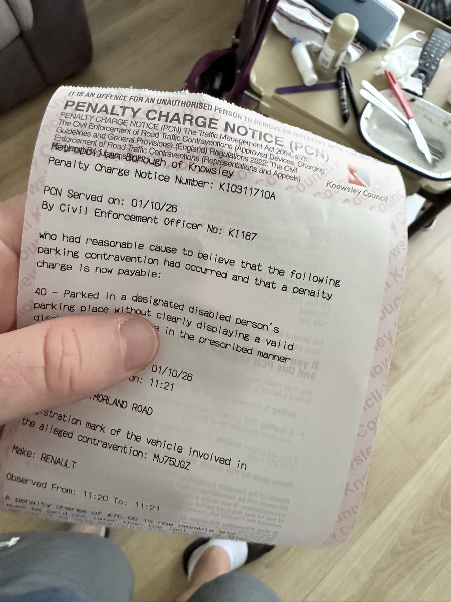 Jayk19831's tweet photo. @KnowsleyCouncil fining an 82 year old disabled pensioner outside the Huyton village clinic today - how you people sleep at night. She put her badge out and the timer slipped off the dash onto her seat as she was rushing out. Your traffic enforcement officer needs some training. https://t.co/3qntZl8ExM