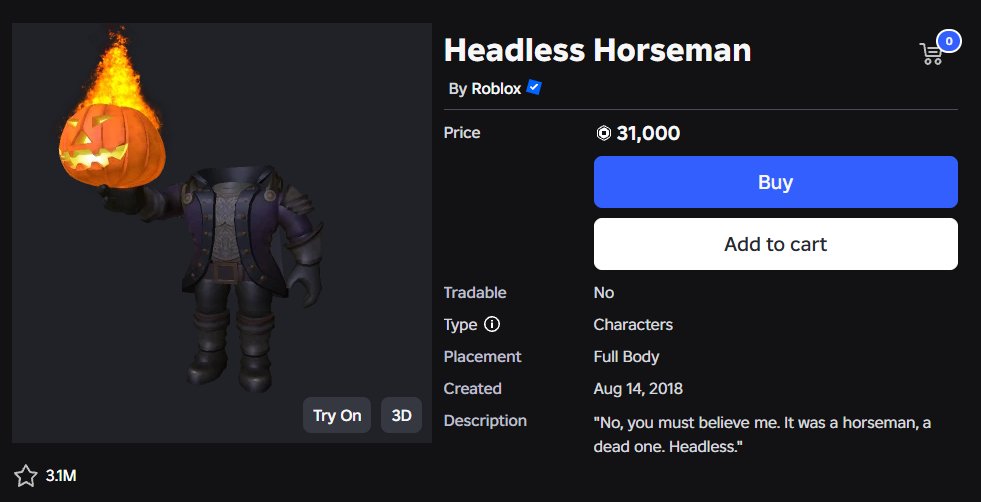 Rolimons's tweet photo. The Headless Horseman Roblox bundle is on sale again! Price: 31,000 Robux

DO NOT BUY A FAKE HEADLESS BUNDLE!

Real Link: https://t.co/G0EGE884Xl https://t.co/I98Gq1JE1g