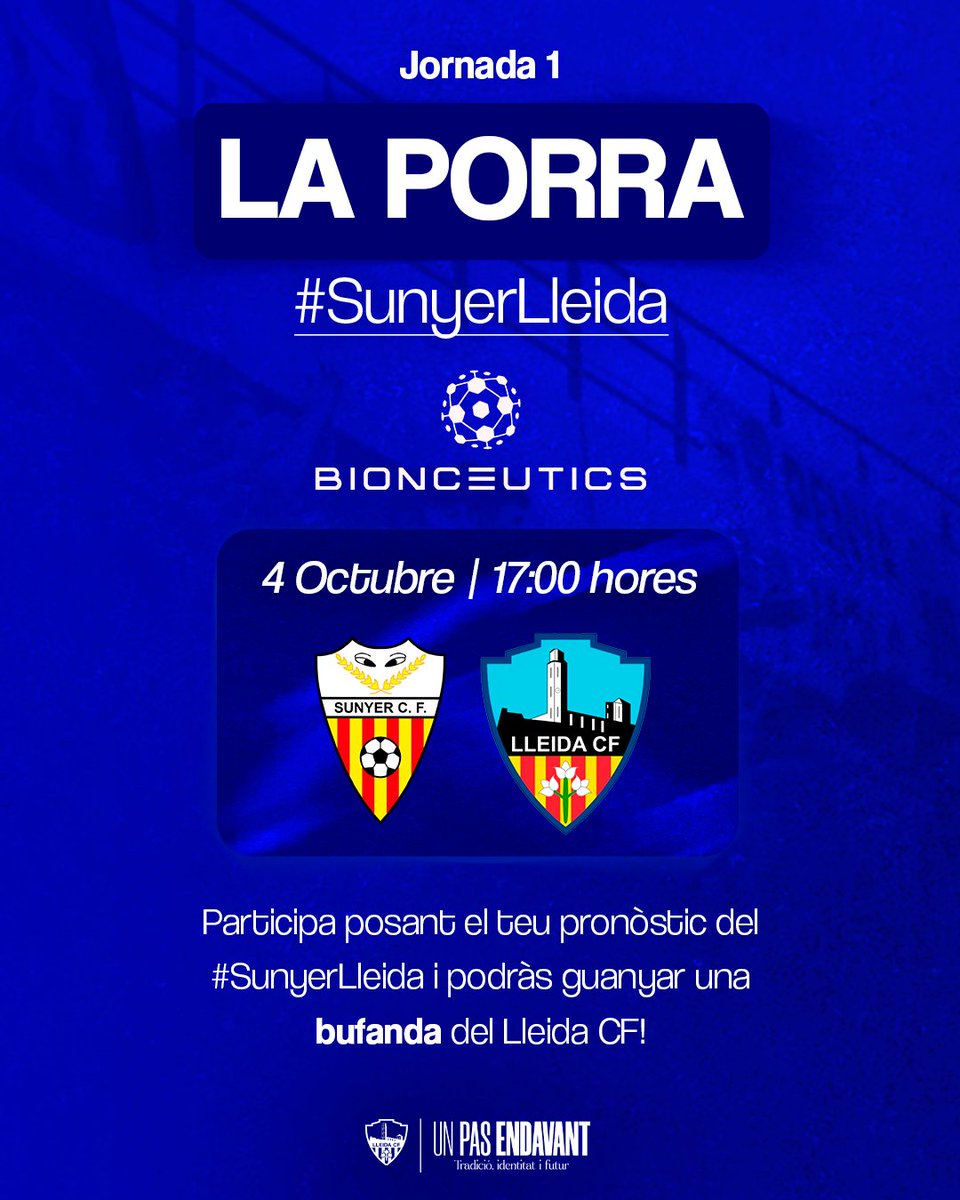 LleidaCF's tweet photo. 🎯 LA PORRA DEL PARTIT

De la mà de Bionceutics, arriba La Porra del Lleida CF!

Aquesta setmana, deixa el teu pronòstic per al Sunyer CF 🆚 Lleida CF i participa per guanyar una bufanda del club. 💙

📲 Encerta i emporta’t el premi!

Qui s’hi atreveix? 👀

#SunyerLleida #UnPasEndavant